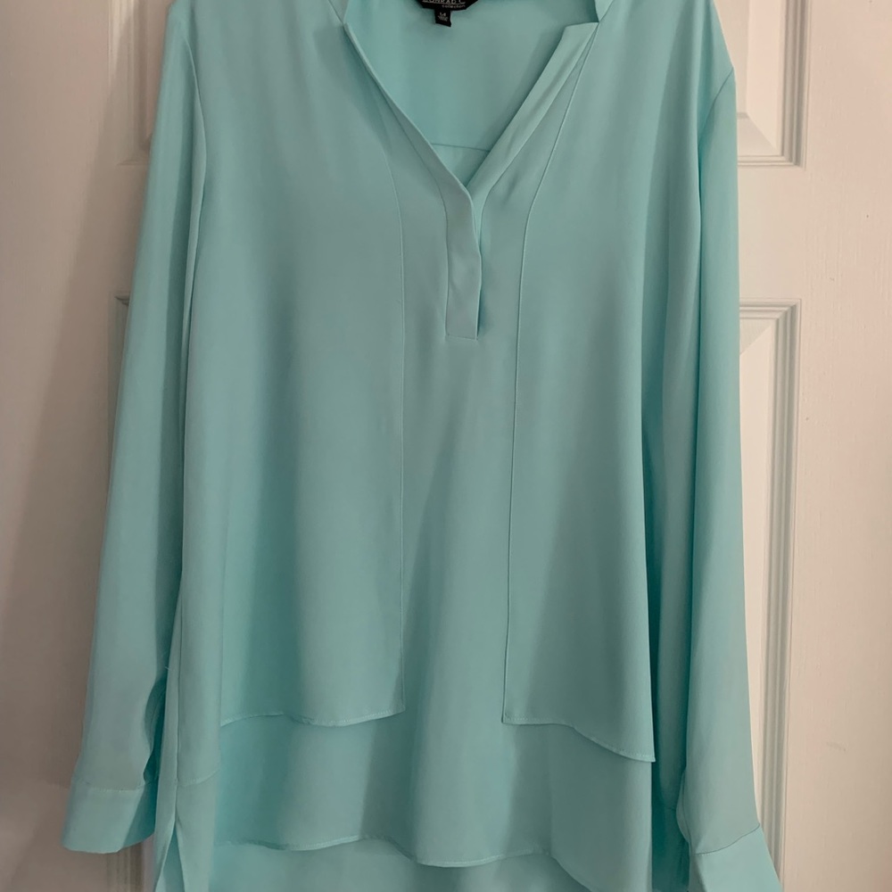 Women’s Conrad C Collection Ice Blue Pull Over Layered Hem Blouse Long Sleeve 14